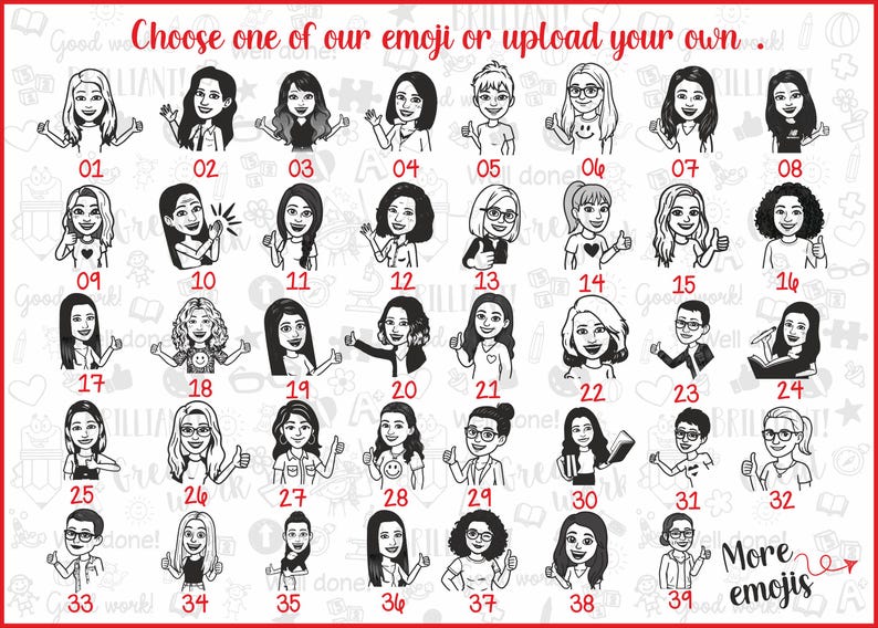 K&ouml;nnte beinhalten: Ein Raster von 39 schwarz-wei&szlig;en Emoji-Illustrationen von Personen, jede mit einer einzigartigen Frisur und einem einzigartigen Ausdruck. Der Text oben lautet: "W&auml;hlen Sie eines unserer Emojis oder laden Sie Ihr eigenes hoch." Das Wort "Mehr Emojis" steht unten.