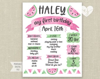 Melon Birthday Sign, Melon Birthday Milestone Sign, One in a melon, Watermelon Stat Poster, First Birthday Milestone Poster