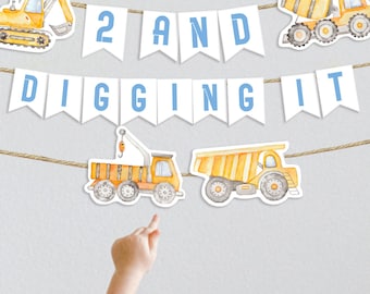 Banner de cumpleaños de construcción: Decoración para fiesta "2 y cavando" (PDF y JPEG)