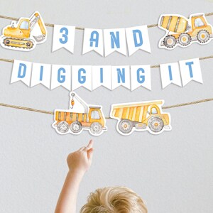 Bannière de construction pour le 3e anniversaire : décoration de fête de camion à benne basculante (téléchargement numérique)