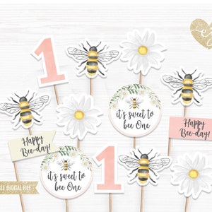 Bee Cupcake Toppers, Printable Cupcake Toppers, Sweet to bee one Birthday, Birthday Cupcake Toppers, Bee-day party