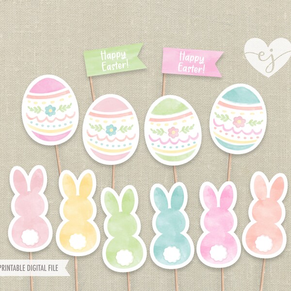 Easter Cupcake Toppers, Printable Cupcake Toppers, Easter Cupcakes, Easter egg Cupcake Toppers, Bunny Birthday, Bunny Party Decor, printable