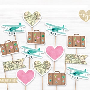 Flugzeug Cupcake Toppers, Reise Cupcake Toppers, Oh die Orte, an die er gehen wird, Vintage Flugzeug Cupcake Toppers, druckbare Cupcake Toppers