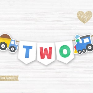 Zweiter Geburtstagsbanner, ZWEI Transport Banner Druck, druckbares Banner, Zwei Hochstuhl Banner, ZWEI Auto Banner, ZWEI LKW Banner, printable