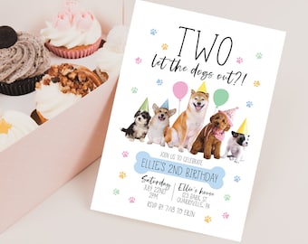 Two let the dogs out Invitation, puppy invite, girl birthday Invitation, girl 2nd invite, puppy party, two let the dogs out, dog lets party