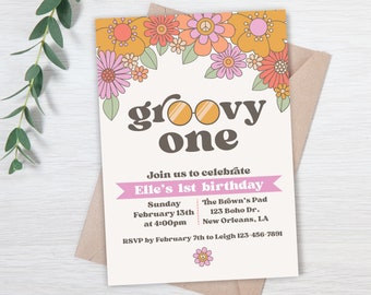 One groovy Invitation, groovy invite, groovy birthday Invitation, girl 1st birthday invite, hippie party, boho birthday, peace love party