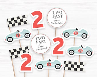 Zwei Schnelle Zwei Neugierige Cupcake Toppers, Druckbare Cupcake Toppers, Cupcake Toppers, 2nd two fast Birthday, Racecar Party Cupcakes, A2