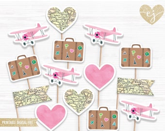 Reiscupcaketoppers: vintage vliegtuig, koffer, kaart (digitale download)