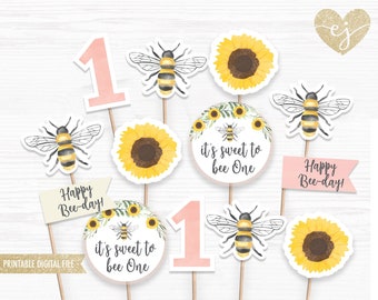 Bee Cupcake Toppers, Printable Cupcake Toppers, Sweet to bee one Birthday, Birthday Cupcake Toppers, Bee-day party