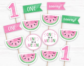 Watermelon Cupcake Toppers, Printable Cupcake Toppers, Melon Birthday, Birthday Cupcake Toppers, One in a Melon, One in a melon toppers