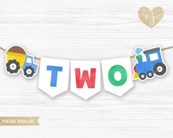 Second Birthday Banner, TWO Transportation Banner Print, Printable Banner, Two Highchair Banner, TWO car banner, TWO truck banner, printable