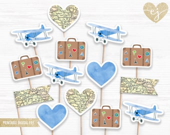 Vintage vliegtuigcupcaketoppers: themafeest reizen (digitale download)