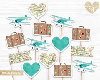 Airplane Cupcake Toppers, Travel Cupcake Toppers, Oh the Places He will go, Vintage Airplane Cupcake Toppers, Printable Cupcake Toppers