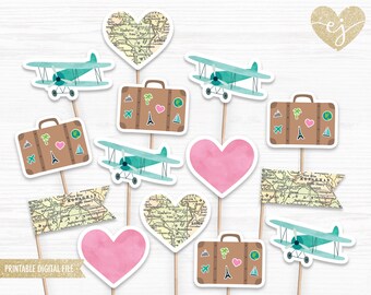 Reis-babyshower-cupcaketoppers: vliegtuig, koffer (digitale download)