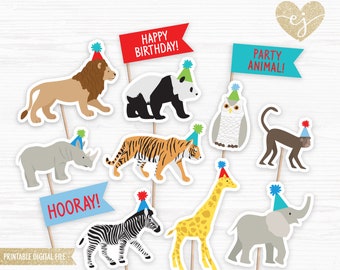 Party Animals Cupcake Toppers, Printable Cupcake Toppers, Party Animal Decor, Birthday Cupcake Toppers, Wild One Birthday, Wild One Cupcakes