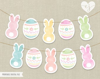 Printable Banner, Easter Bunting, Easter egg Banner, Easter Bunny Banner, Easter Banner, Watercolor Easter egg Banner, Bunny Tail Banner