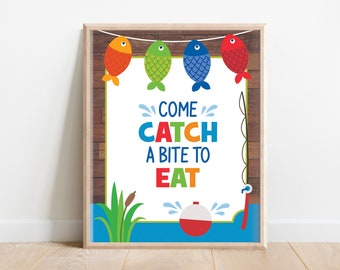 Catch a bite Sign, Fishing Table Sign, Fishing Party Food Signs, Fishing Party Decor, Reeling in the Big One, O-fish-ally one party, A1