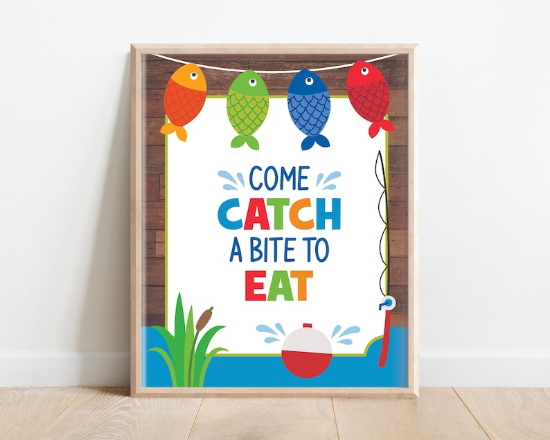 Catch a bite Sign, Fishing Table Sign, Fishing Party Food Signs, Fishing Party Decor, Reeling in the Big One, O-fish-ally one party, A1 image 1