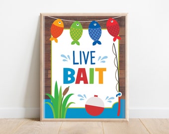 Fishing Live Bait Sign, Fishing Table Sign, Fishing Party Signs, Fishing Party Decor, Reeling in the Big One, O-fish-ally one party, A1