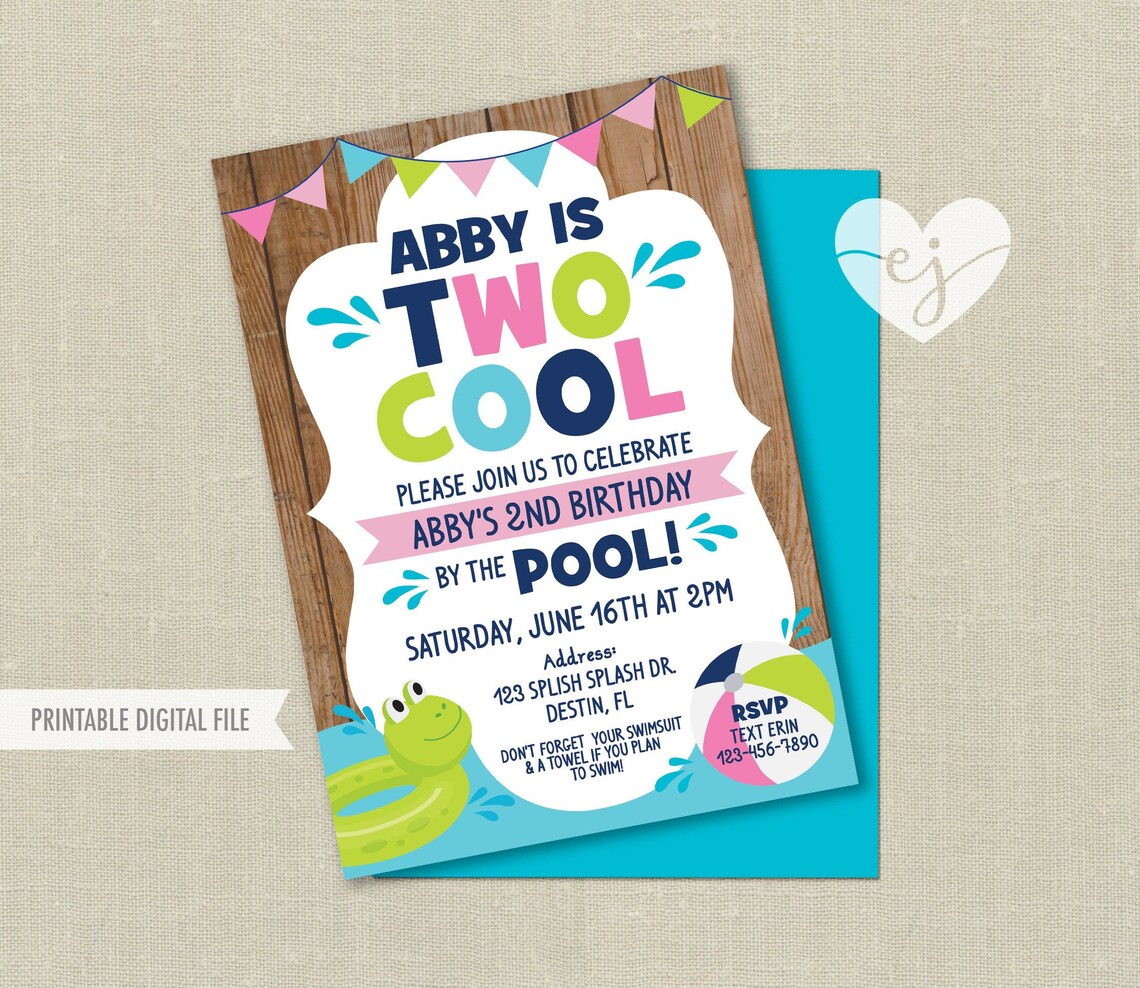 Pool Party Birthday Invitation Two Cool Invitation Girl Etsy