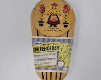 Bloque de madera vintage Nevco para 5 cuchillos con figura de mujer, fabricado en Yugoslavia.