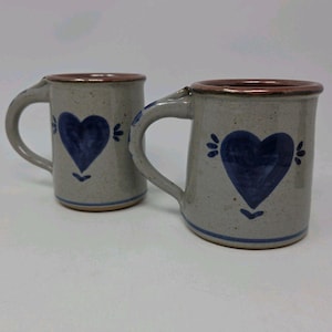 Vintage Pottery Stoneware Mug 1992 Signed Blue Heart Pattern Set of 2