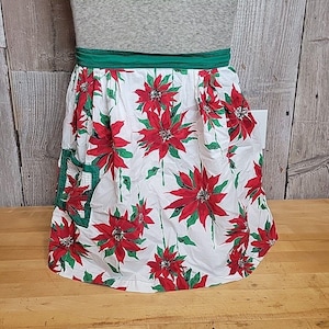 Vintage 50&#39;s Christmas Half Apron Poinsettia Handmade Holly Green Red White