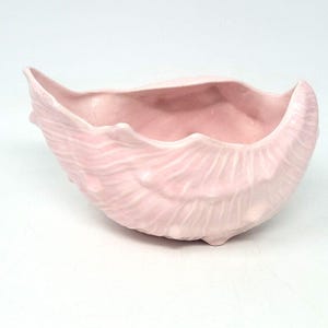 May include: A light pink ceramic bowl shaped like a seashell. The exterior features a textured, wavy surface with raised ridges and bumps, mimicking the natural form of a mollusk shell. The bowl has an open, curved top edge and a smooth interior.