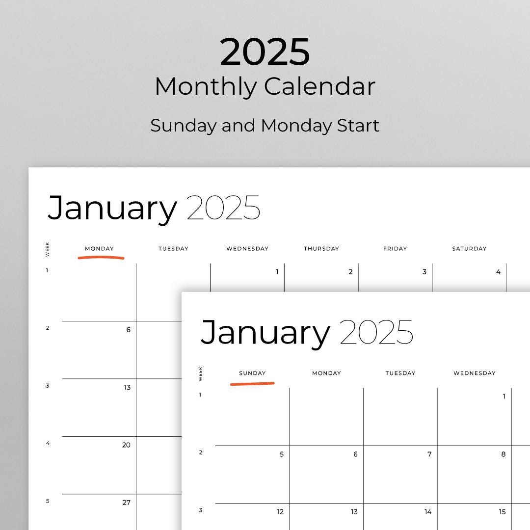 Printable Monthly Planner, Calendar 2025, Portrait and Landscape