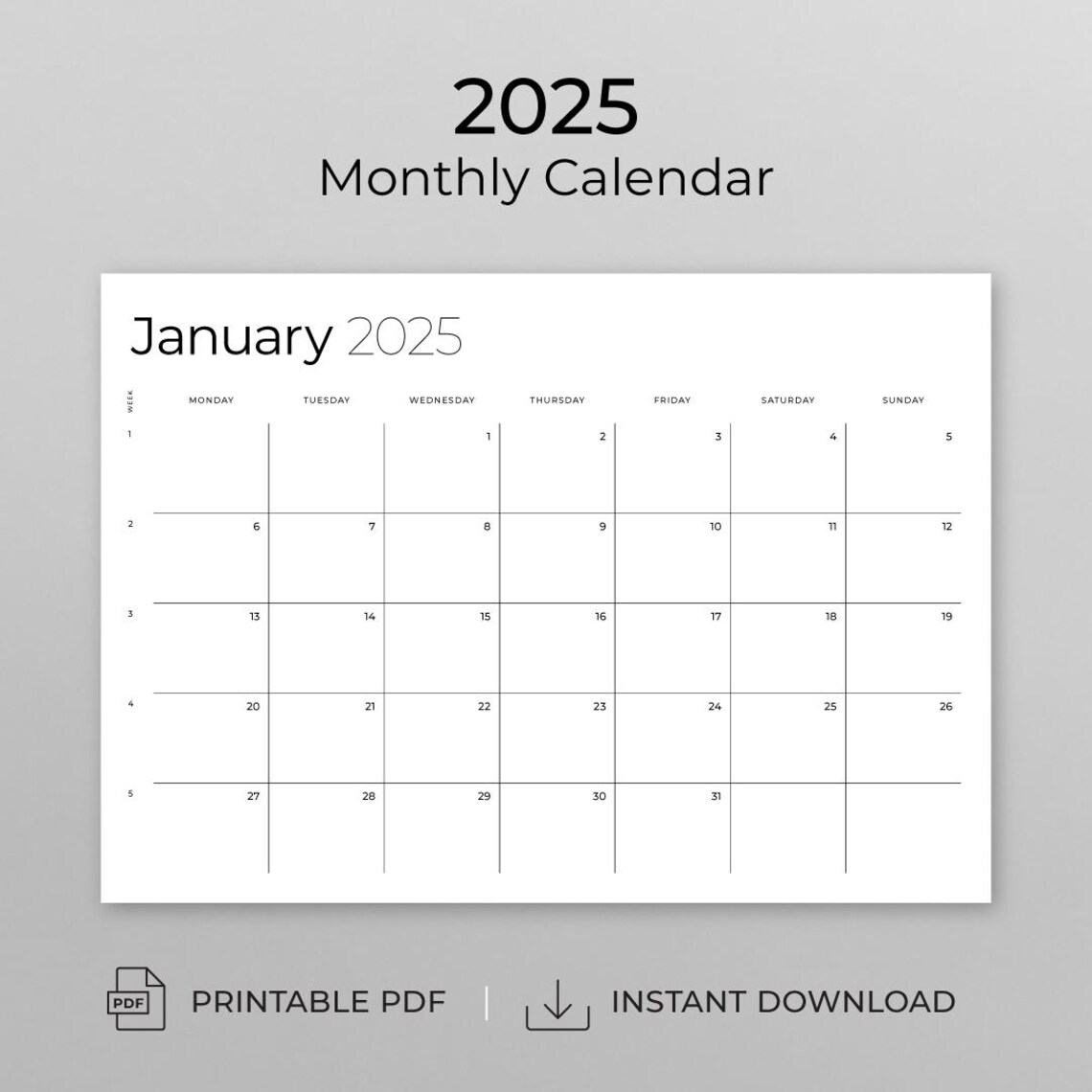 Printable Monthly Planner, Calendar 2025, Portrait and Landscape