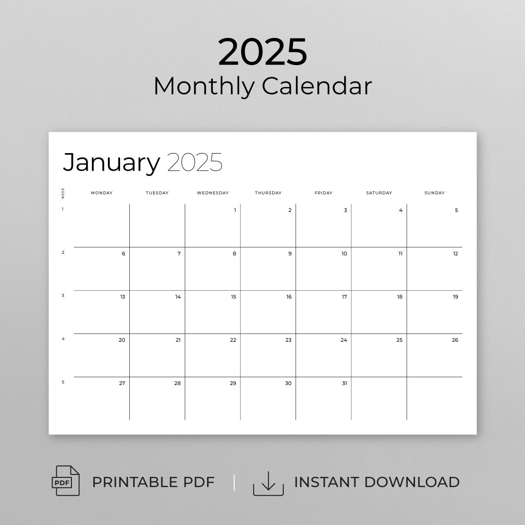 Printable Monthly Planner Calendar 2025 Portrait and Landscape