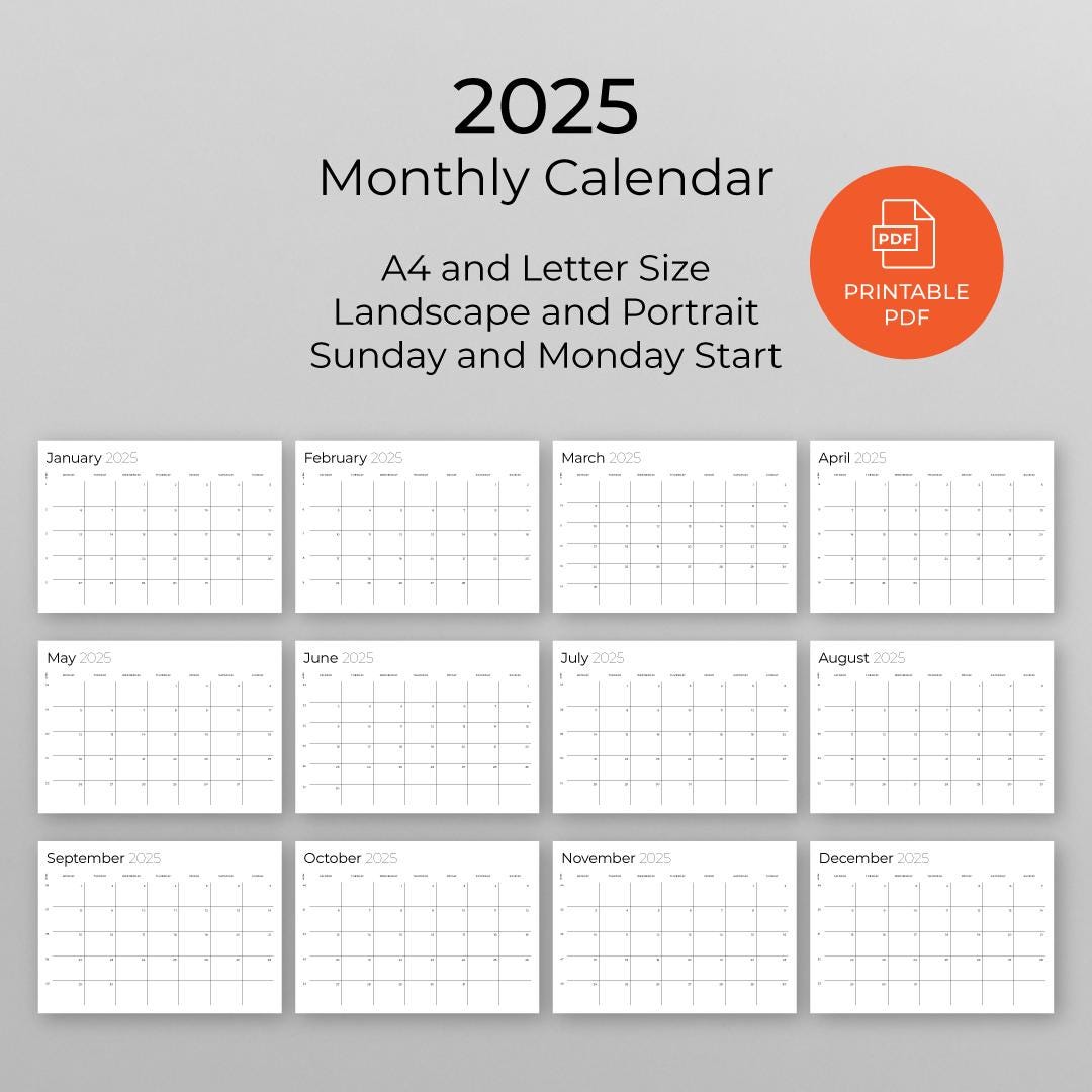 Printable Monthly Planner, Calendar 2025, Portrait and Landscape