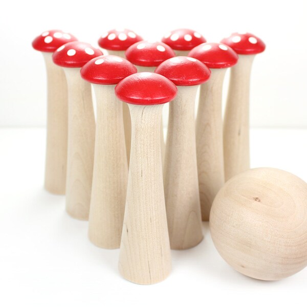 Mushroom Bowling Wooden Children's Toy -The Original - IN STOCK - Toadstool Skittles Game