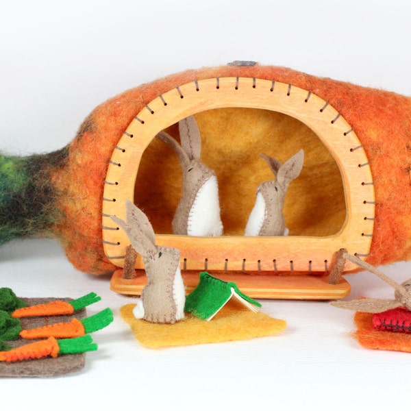 Carrot House and Rabbits -  Felt Play Set with Vegetables Garden and Books - Wool and Wood, Waldorf Children's Toy and Easter Decor