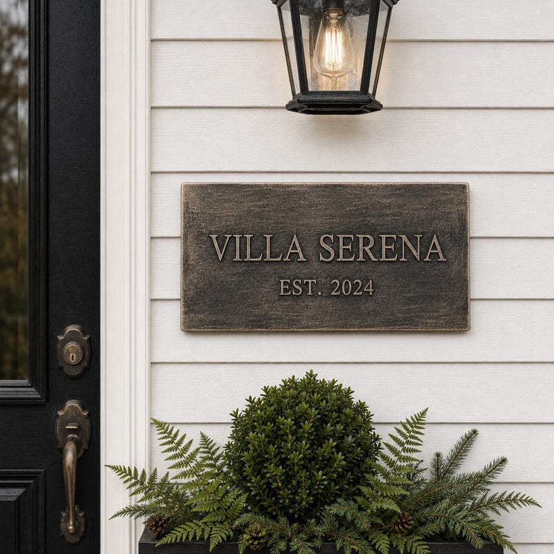 May include: A rectangular, dark bronze-toned house plaque with a weathered, textured finish. The plaque features the embossed text VILLA SERENA in a serif font, with the text EST. 2024 positioned directly below in a smaller, matching font style.