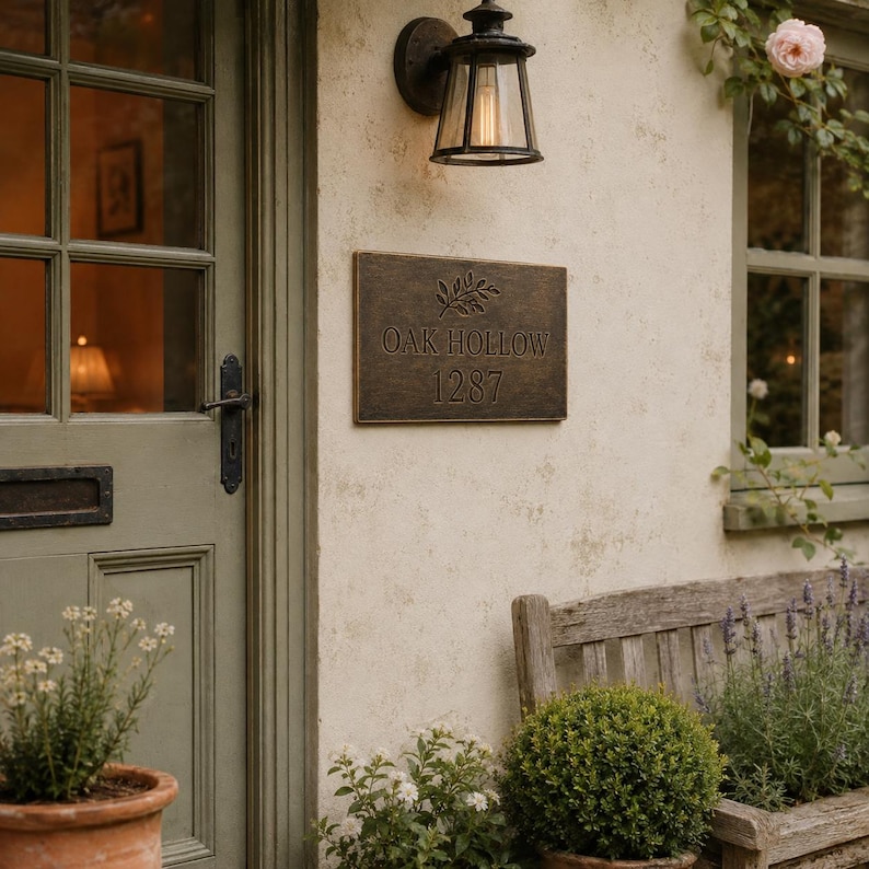 May include: A rectangular bronze-toned house plaque mounted on a light-colored wall, featuring the embossed text OAK HOLLOW and the number 1287, with a small leaf motif above the text, positioned below a black metal outdoor wall lantern.