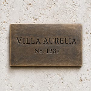 May include: A rectangular bronze-toned metal plaque with a brushed finish. The text VILLA AURELIA is engraved in the center, with No. 1287 positioned directly below it in a classic serif font. The plaque has clean, sharp edges and a flat surface.