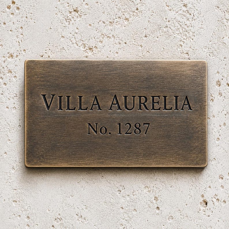 May include: A rectangular bronze-toned metal plaque with a brushed finish. The text VILLA AURELIA is engraved in the center, with No. 1287 positioned directly below it in a classic serif font. The plaque has clean, sharp edges and a flat surface.