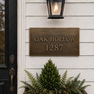 May include: A rectangular bronze-toned house plaque with a textured finish featuring the raised text OAK HOLLOW and the number 1287 in a classic serif font, mounted on a white horizontal siding wall beneath a black metal outdoor light fixture.