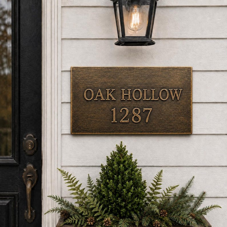 May include: A rectangular bronze-toned house plaque with a textured finish featuring the raised text OAK HOLLOW and the number 1287 in a classic serif font, mounted on a white horizontal siding wall beneath a black metal outdoor light fixture.