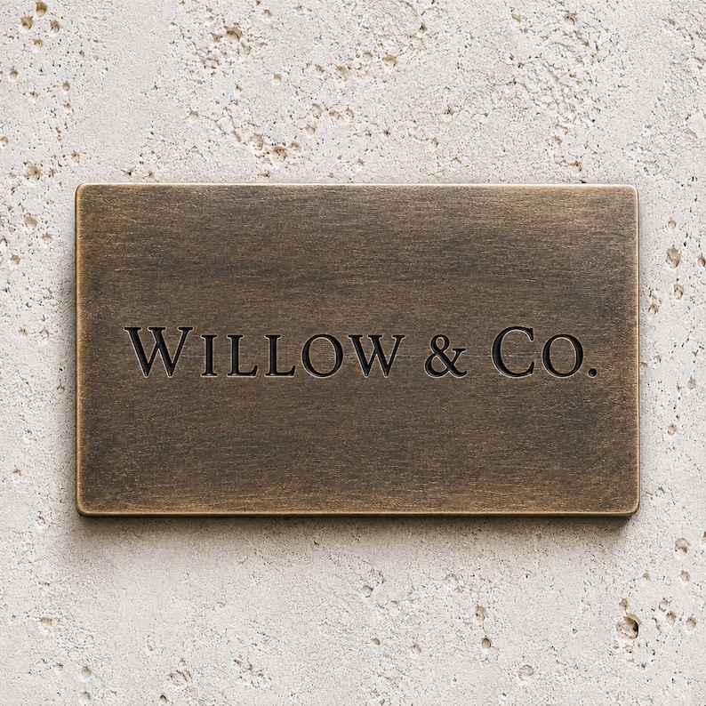 May include: A rectangular bronze-toned metal plaque with a brushed finish. The text WILLOW & CO. is engraved in a dark, serif font across the center of the plaque, which features rounded corners and a flat, smooth surface texture.