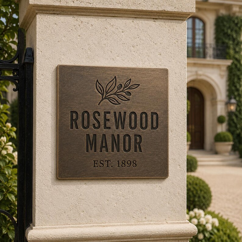 May include: A square bronze-toned metal plaque mounted on a stone pillar. The plaque features an embossed olive branch graphic above the text ROSEWOOD MANOR and the date EST. 1898 in a dark, recessed sans-serif font with a textured finish.