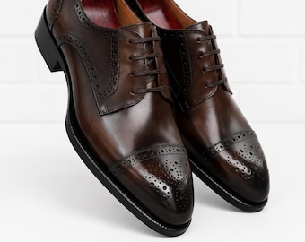 Men's Luxury Brown Leather Oxford Shoes  Durable Leather Sole Wedding Dress Footwear