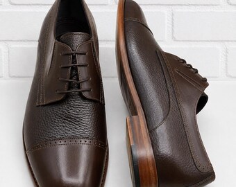 Luxury Brown Leather Derby Shoes Men Durable Leather Sole Business Dress Footwear