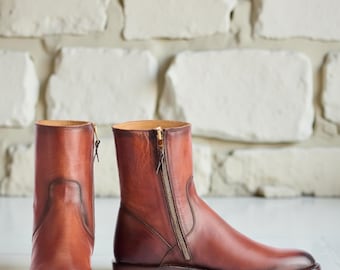 Brown Leather Cowboy Boots Men Handmade Western Ankle Zip Boots