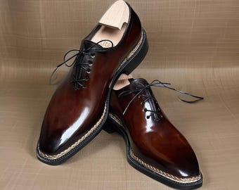 Genuine Leather Handmade Oxford whole cut Lace Up Square toe shoes, GYW Leather sole shoes, office, weeding party Designer leather shoes