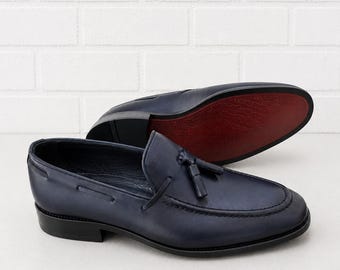 Handmade Navy Blue Tassel Loafers Men Durable Leather Sole Luxury Dress Footwear