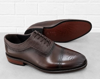 Men's Rich Brown Leather Derby Shoes  Durable Leather Sole Business Formal Footwear