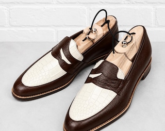 Brown White Penny Loafers Men Handmade Leather Crocodile Formal Luxury Footwear Shoes