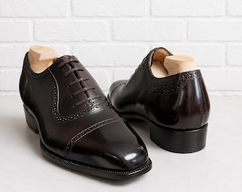 Men's Burgundy Cap Toe Oxford Shoes Handmade Leather Wedding Formal Dress Footwear
